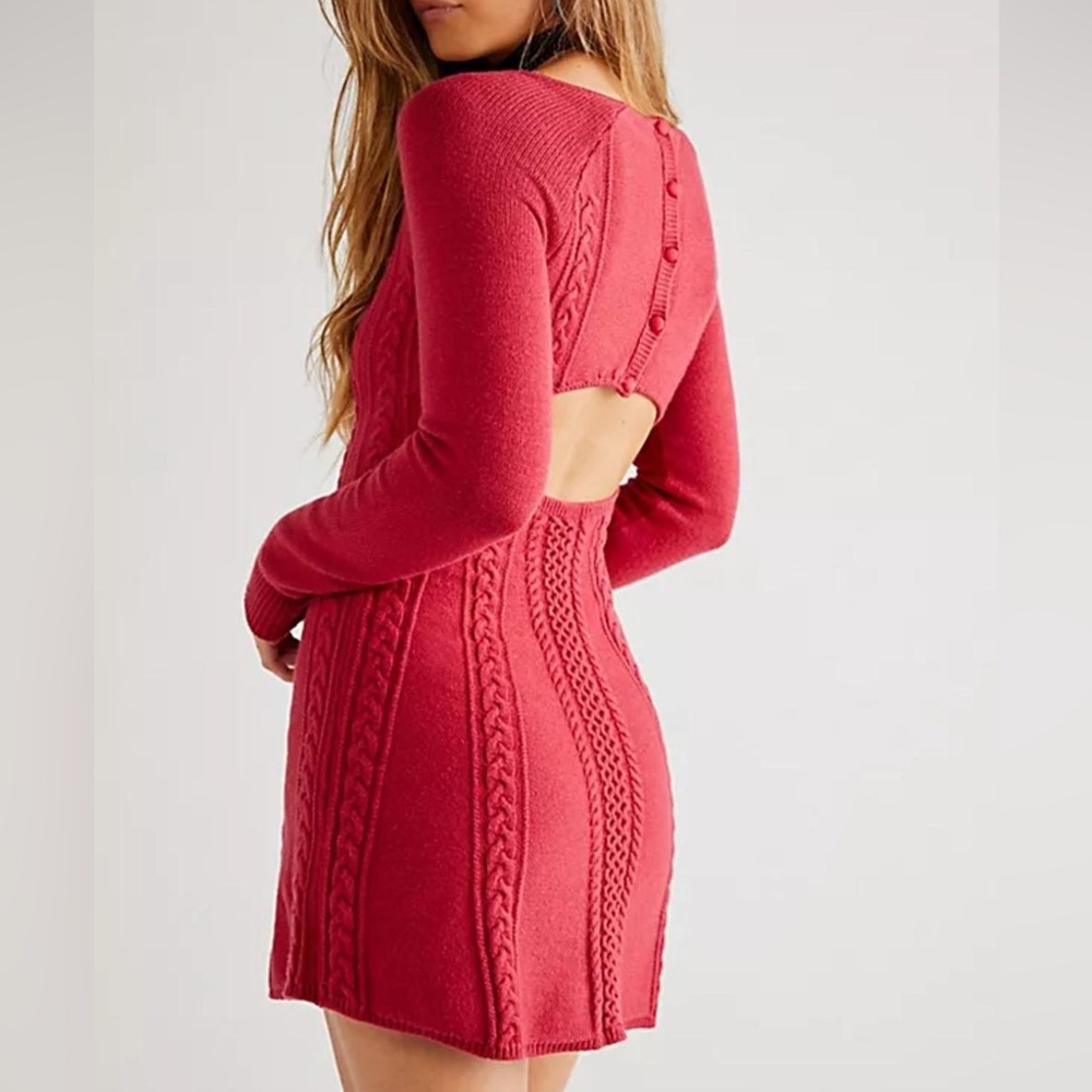 FREE PEOPLE Sweater Mini Dress Size XL Red Pink Knitted Long sleeves Stretch - Picture 2 of 10